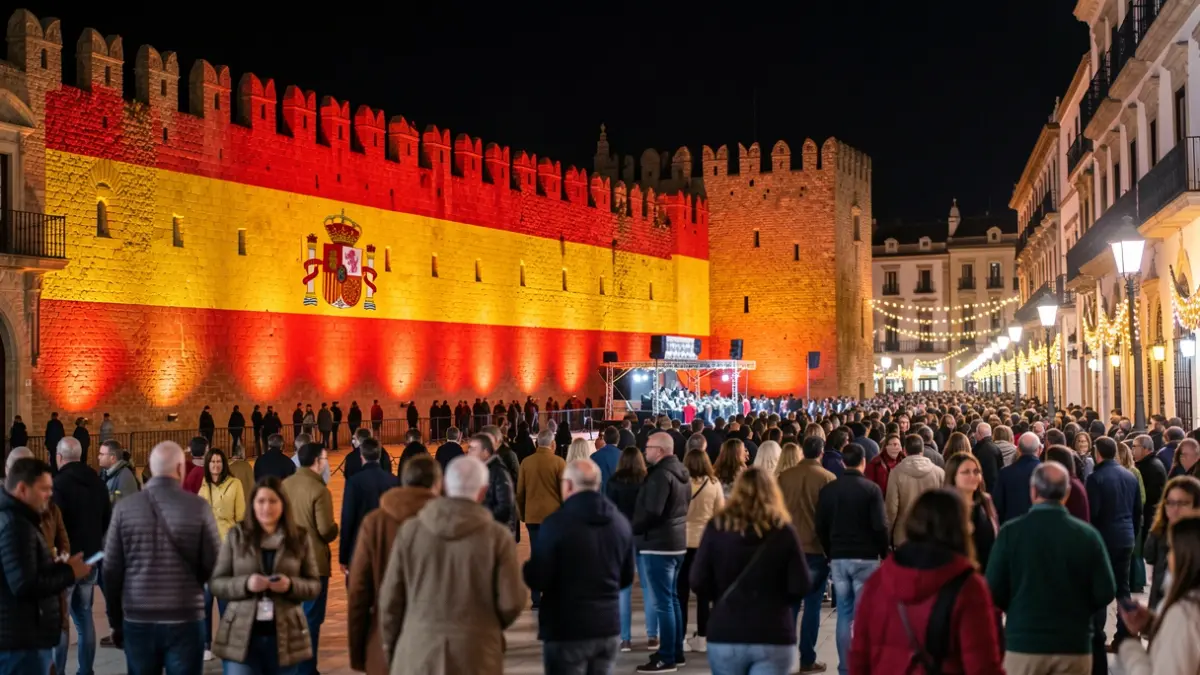 Generic image of the Macarena Wall illuminated in the colors of Spain.