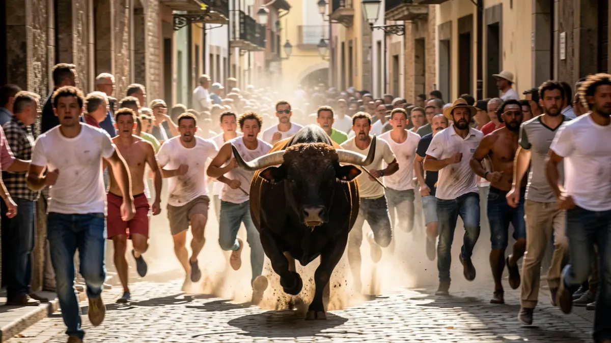 Image of a bull run in Pamplona with a bull charging at runners.