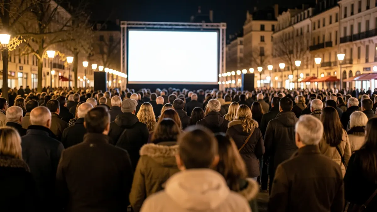 Generic image of a crowd watching a large screen event outdoors at night.