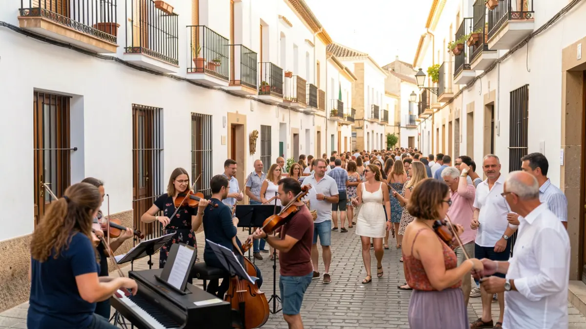 Generic image of a music festival in an Andalusian town with musicians and audience.