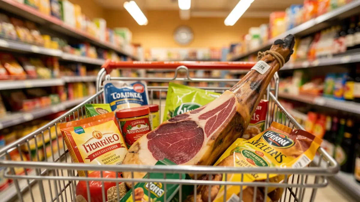 Shopping cart full of products, highlighting a ham.