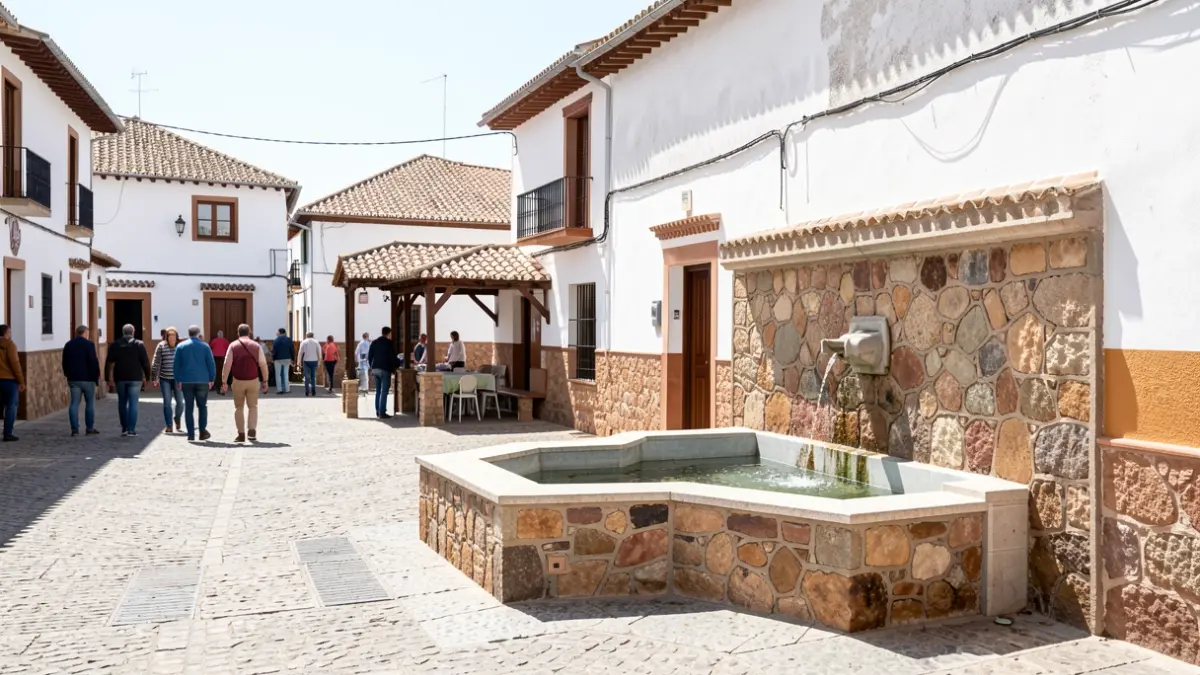 Plaza pública adoquinada en una aldea andaluza con fuente y lavadero renovados.