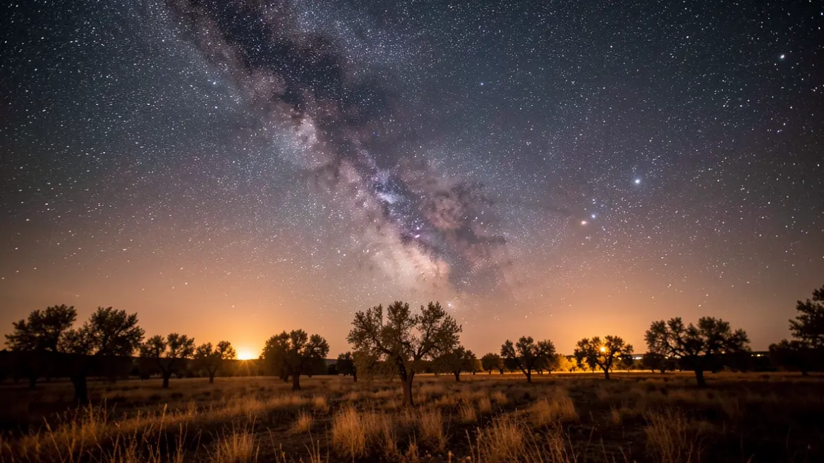 Cielo nocturno estrellado sobre un paisaje rural andaluz con árboles secos.