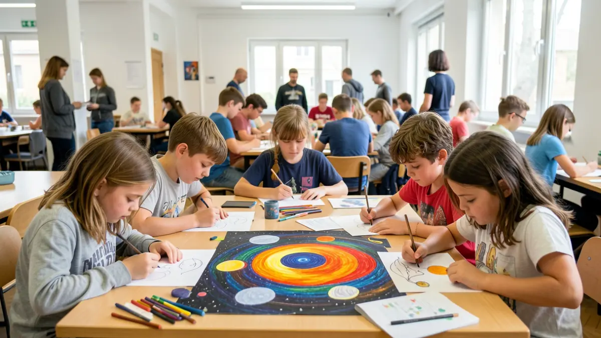 Niños y niñas participando en un taller de verano sobre el espacio y los eclipses solares, coloreando una maqueta.