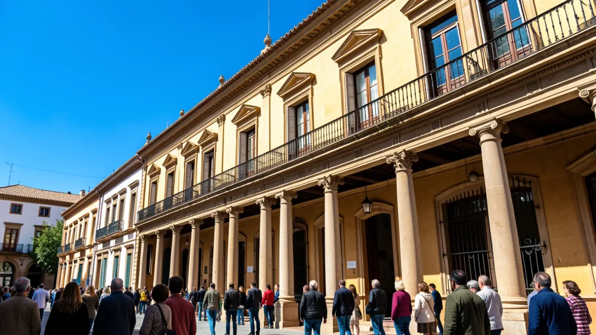 Generic facade of an Andalusian official building with intense sun.