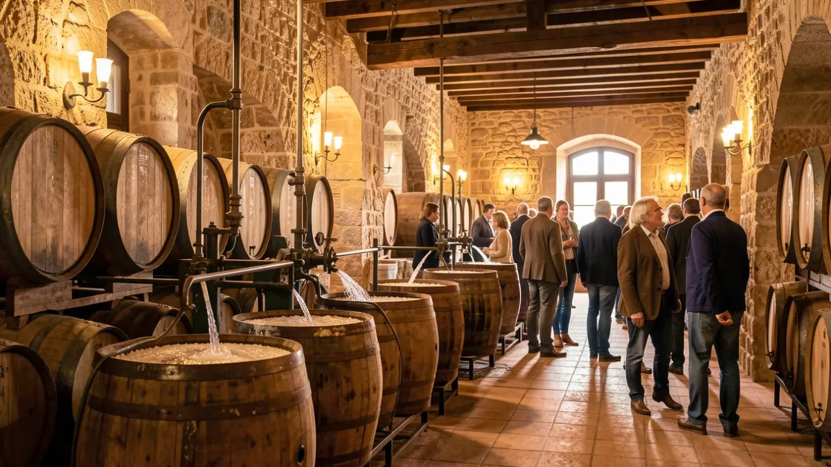 Interior de una bodega histórica en Andalucía con barricas y equipo de vinificación.