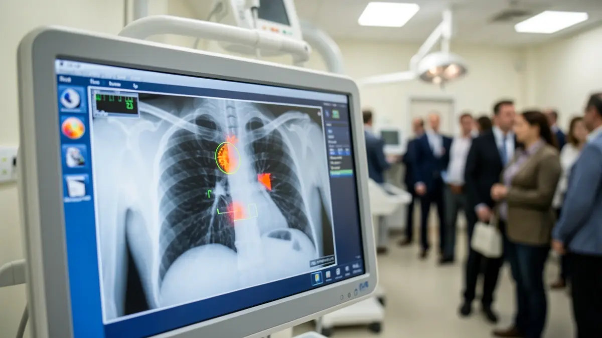 Close-up of a medical scanner screen showing a chest X-ray with areas highlighted by AI analysis.