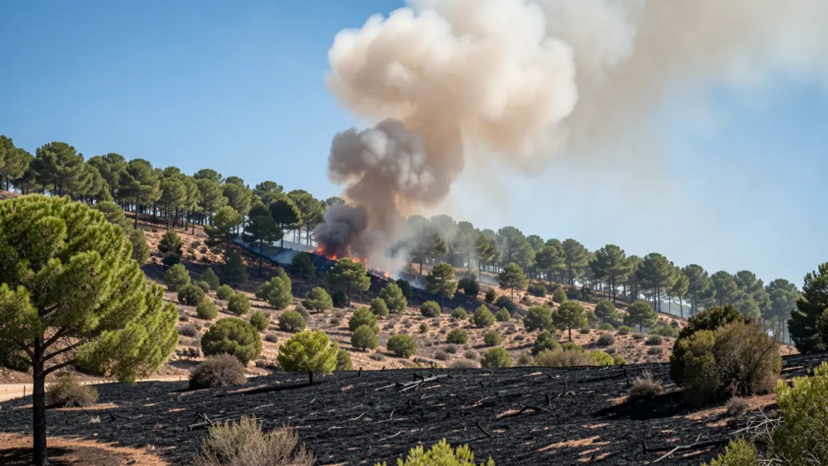 Imagen genérica de un incendio forestal en una ladera con pinos y humo.