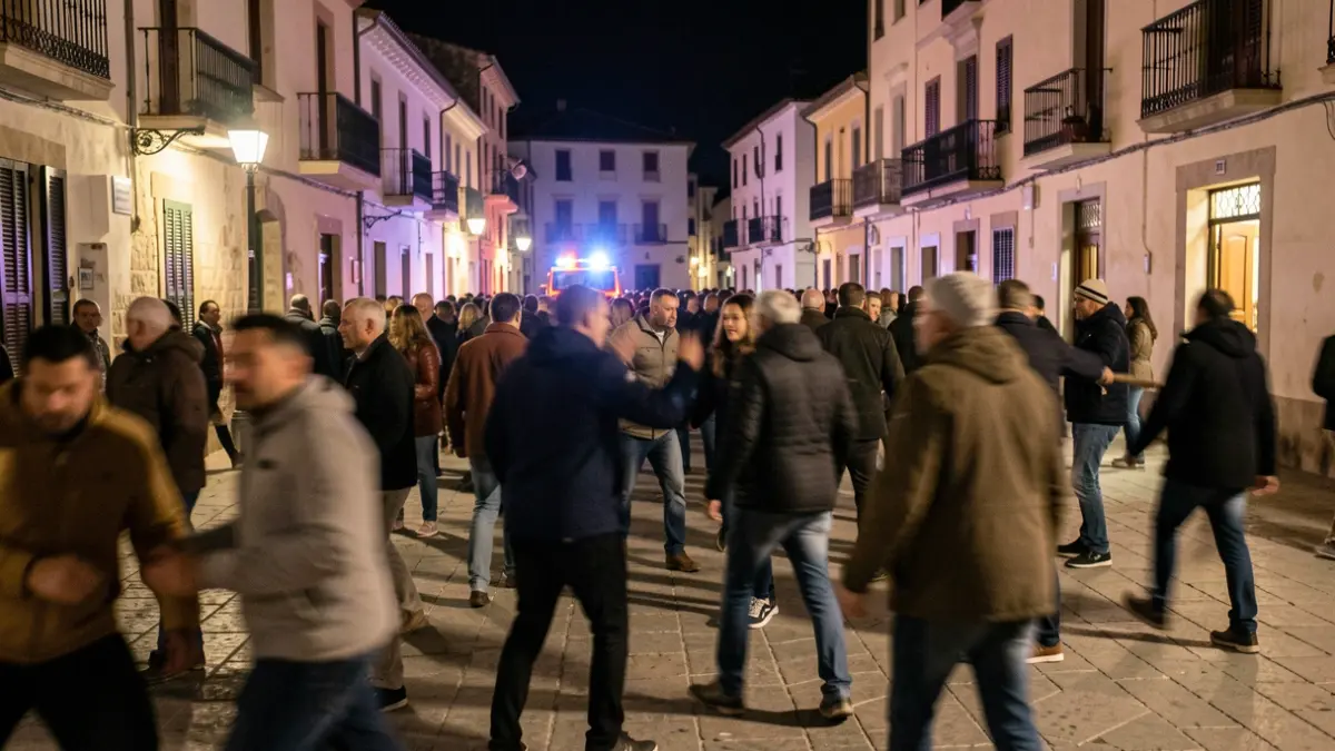 Generic image of a tense night scene in a town square with emergency lights.