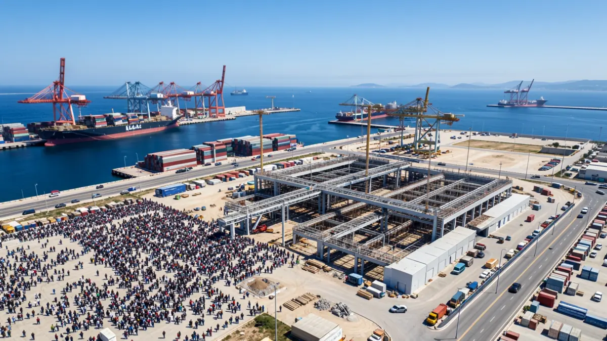 Vista aérea de una terminal logística en construcción en el Puerto de Huelva.