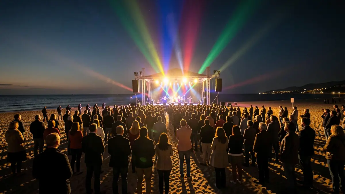 Escenario de un festival de música en la playa durante la noche con iluminación colorida.
