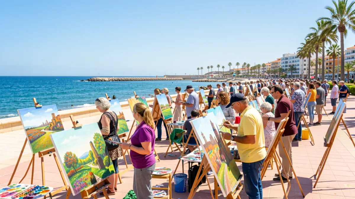 Certamen de Pintura al Aire Libre Francisco Hernández en Torre del Mar, con artistas pintando el paseo marítimo.