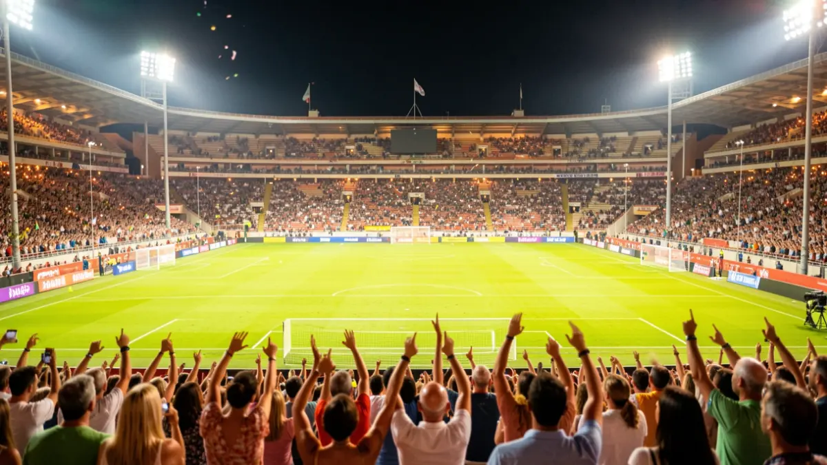 Imagen genérica de una fiesta de verano en un campo de fútbol andaluz con luces y público borroso.