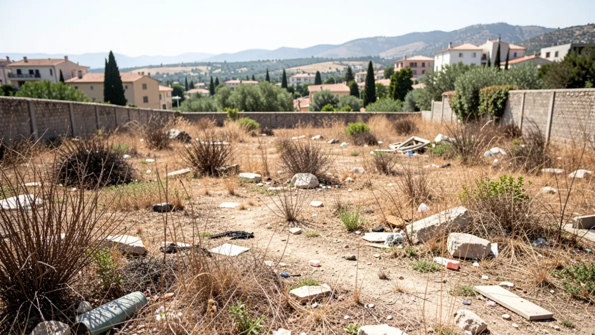 Dry, neglected urban plot with sparse vegetation and debris under intense sun, suggesting fire hazard.