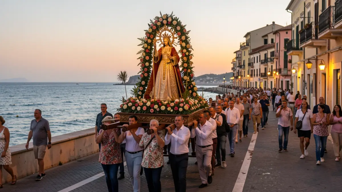 Procesión de la Virgen del Carmen en Torremolinos al atardecer.