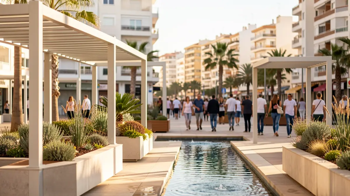 Imagen genérica de la nueva plaza de La Nogalera en Torremolinos con pérgolas, vegetación y fuentes.