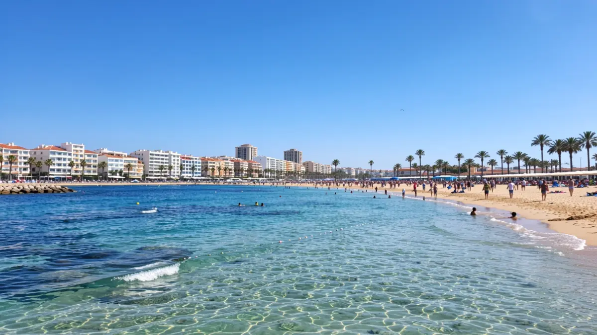 Clear sky over Torremolinos coastline with clear blue water and sandy beach.
