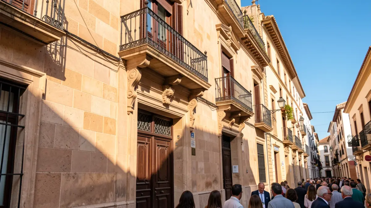 Facade of an Andalusian town hall with balcony and iron railings, afternoon sunlight.