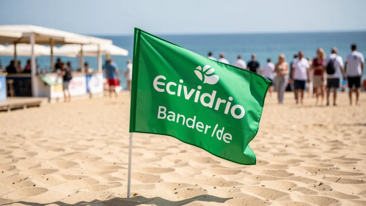 Ecovidrio's Green Flag waving on the beach of Torremolinos.