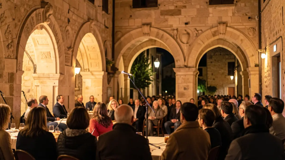 Escenario al aire libre en un entorno histórico durante un festival de música.