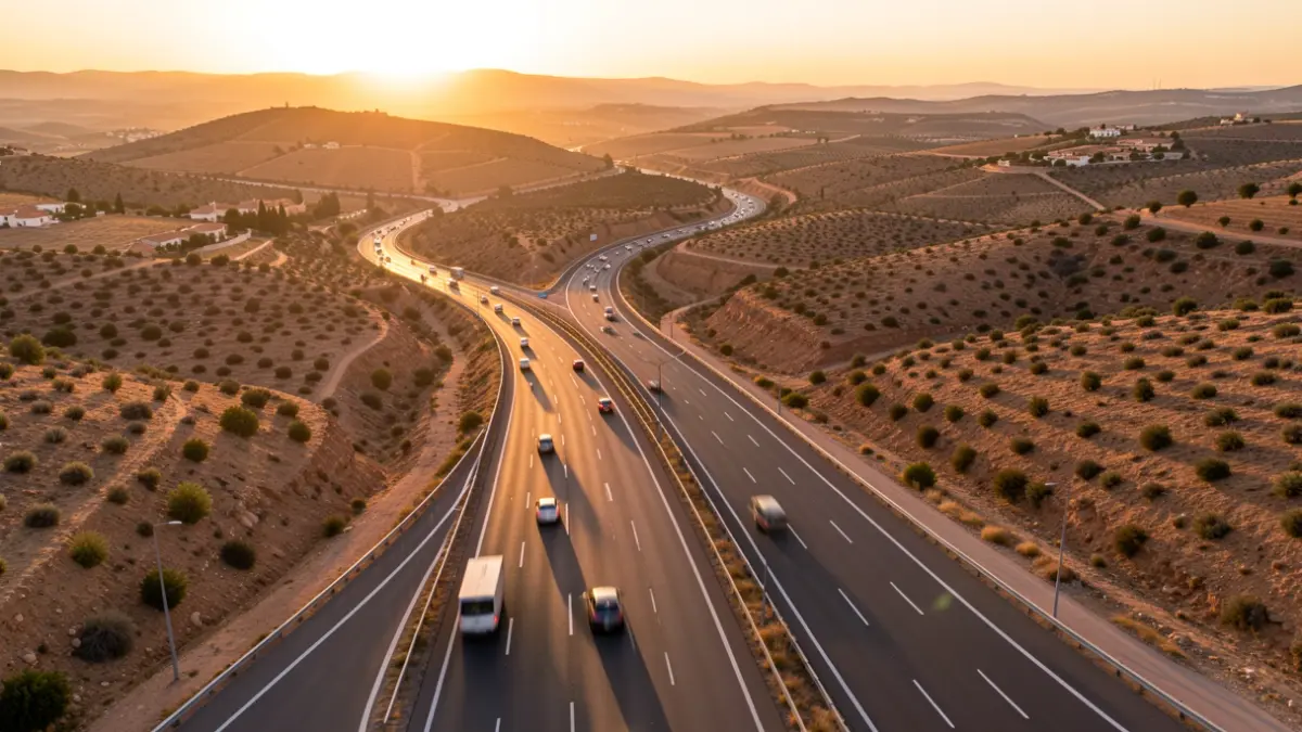 Vista aérea de una autopista en Andalucía al atardecer con tráfico.