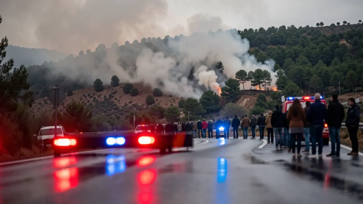 Imagen genérica de humo de un incendio forestal con luces de emergencia.