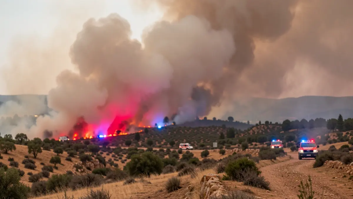 Imagen genérica de un incendio forestal en Andalucía con humo y luces de emergencia.