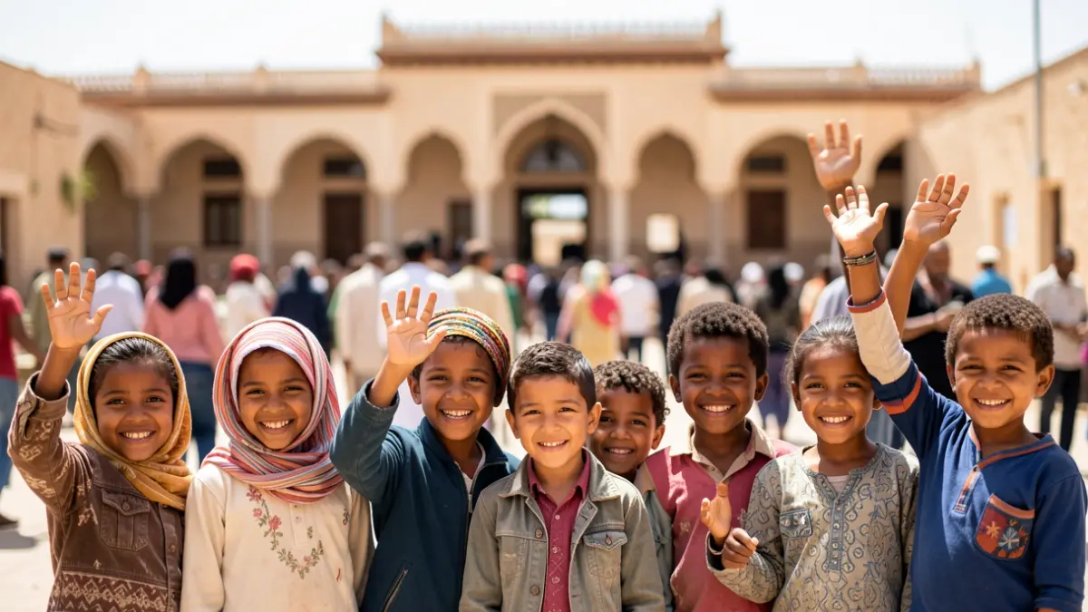 Imagen genérica de niños saharauis sonriendo frente a un edificio institucional.