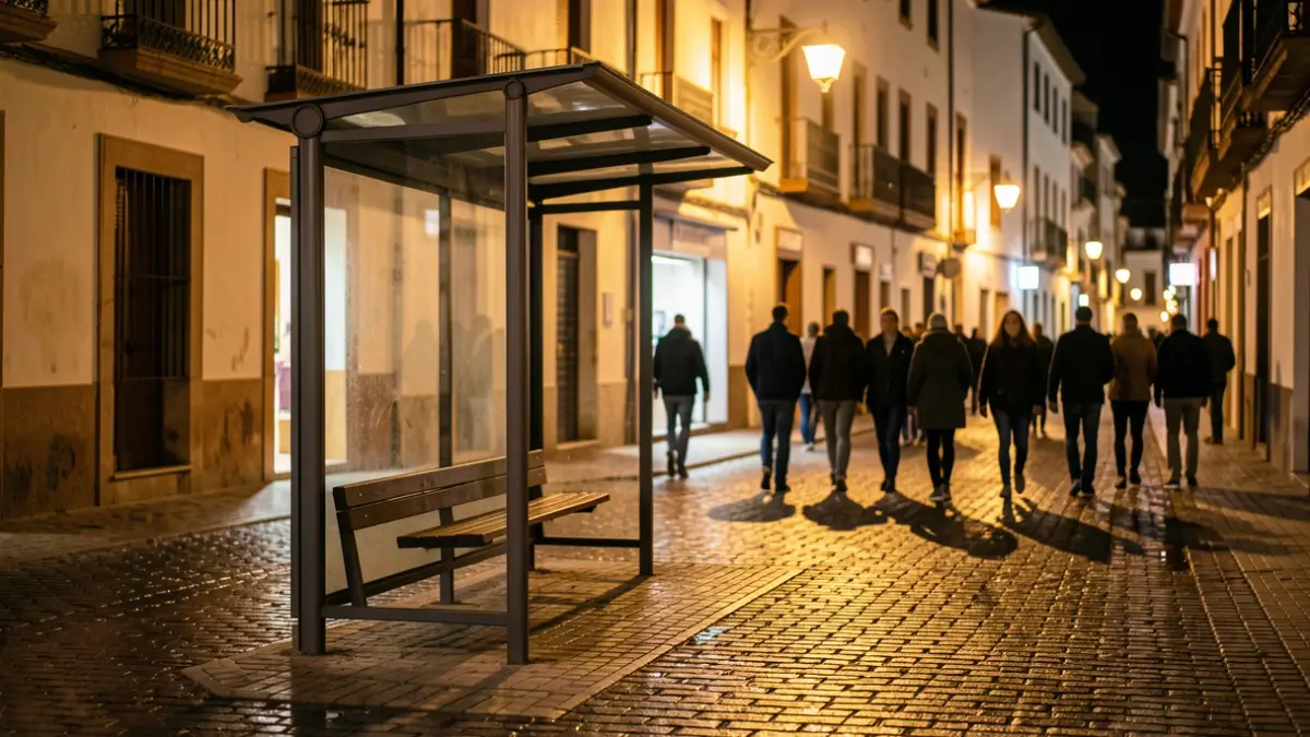 Imagen genérica de una parada de autobús vacía por la noche en un pueblo andaluz.