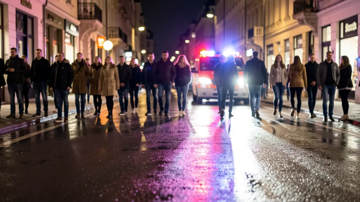 Generic image of emergency lights reflecting on wet asphalt at night.