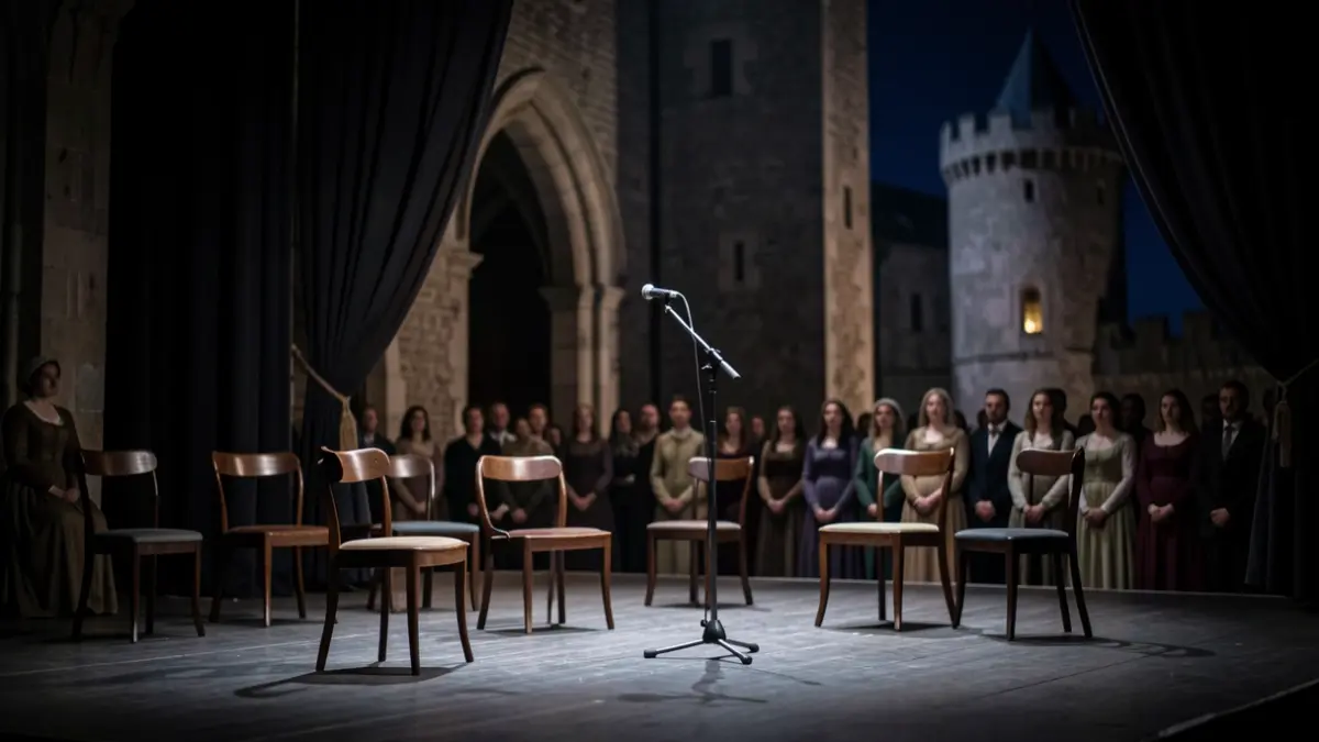 Empty theater stage at night in an old castle, with a microphone and scattered chairs.