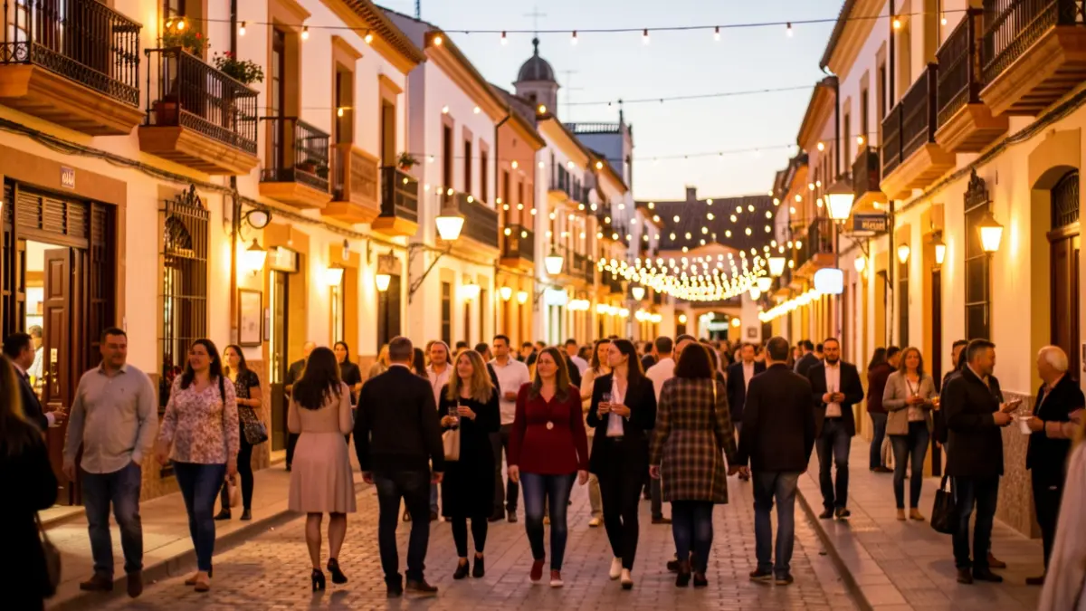 Imagen genérica de una celebración nocturna en Triana, Sevilla, con luces festivas y arquitectura tradicional.