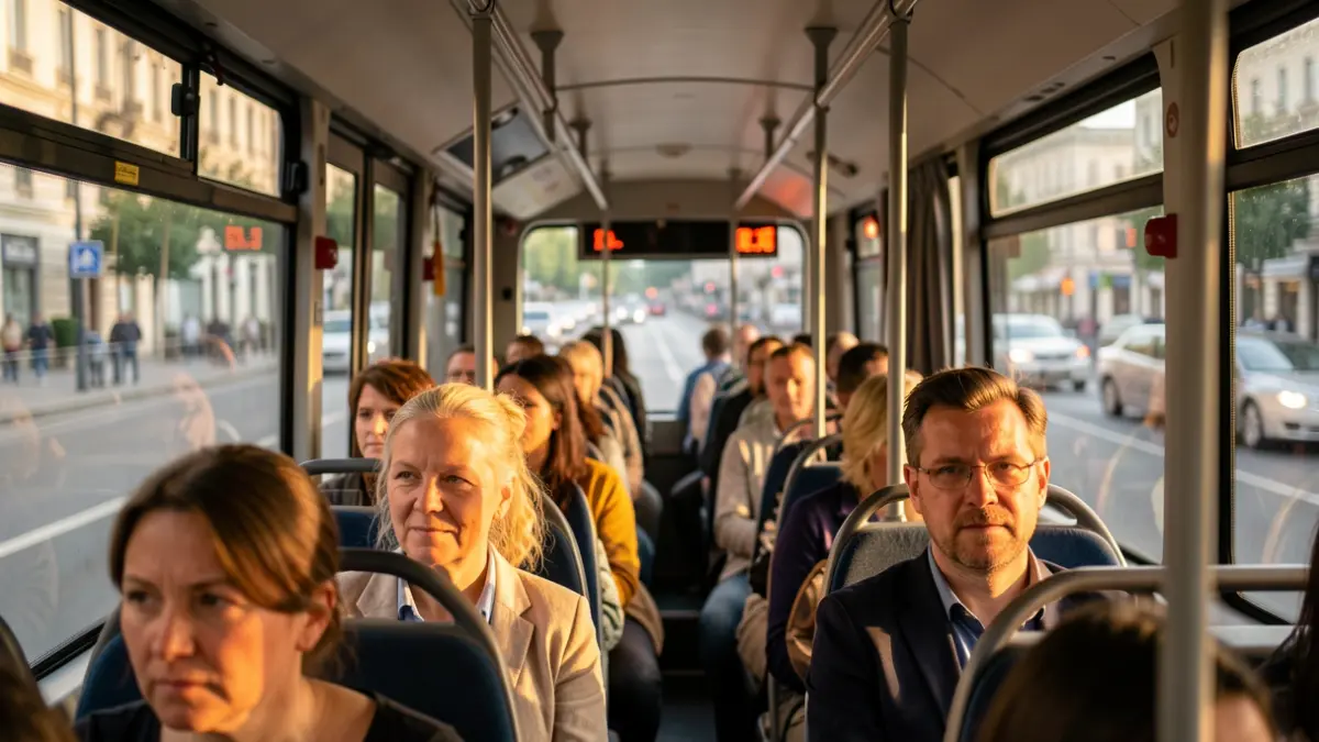 Generic image of an urban bus driving through a city during summer.