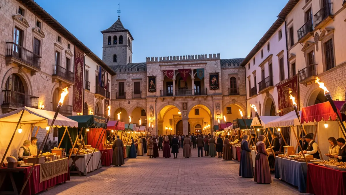 Ubeda square decorated for the Renaissance Festival with historic architecture and stalls.