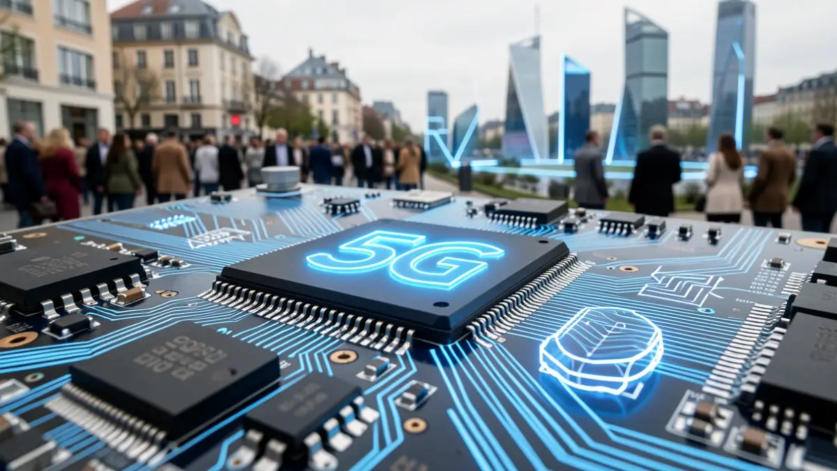 Abstract representation of 5G technologies, virtual and augmented reality, and smart cities.