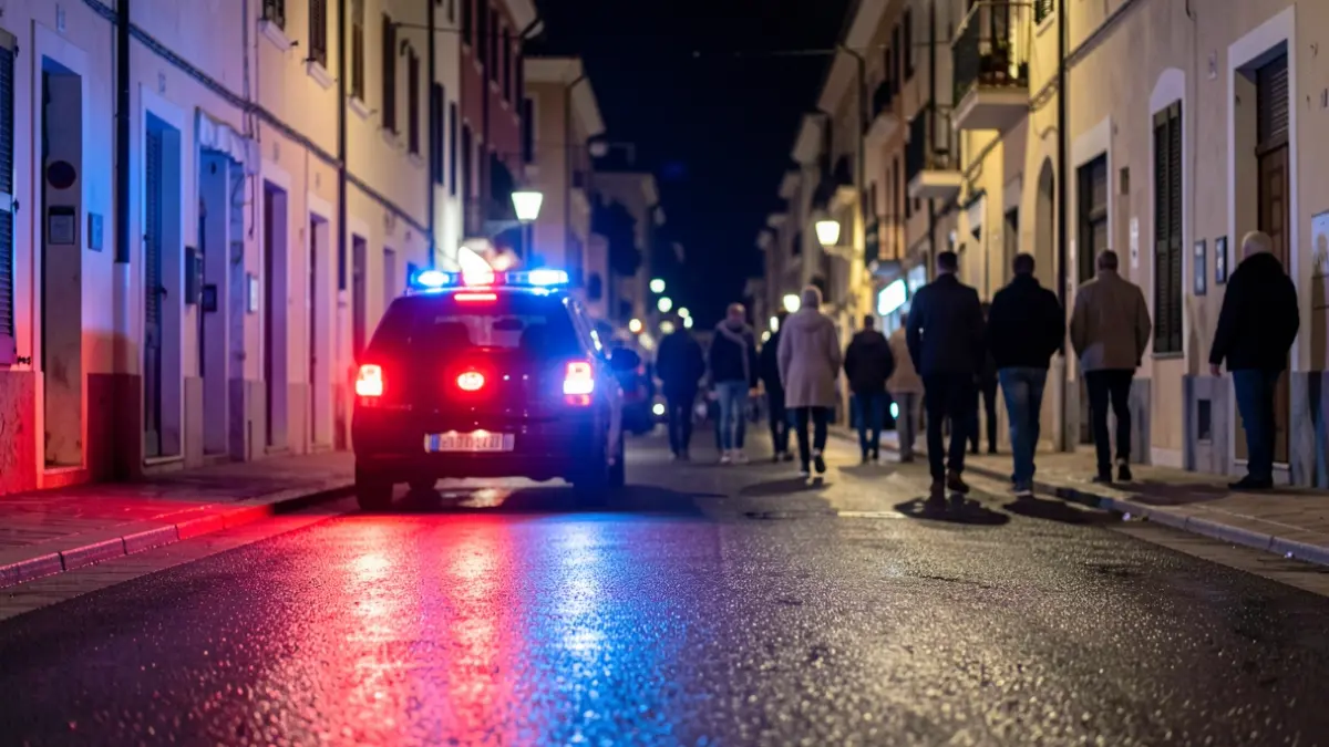 Imagen genérica de luces de emergencia policiales reflejadas en el asfalto durante la noche.
