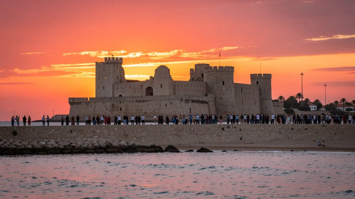Sunset over Sancti Petri Castle in Chiclana, Cádiz, commemorating the 150th anniversary of its city title.