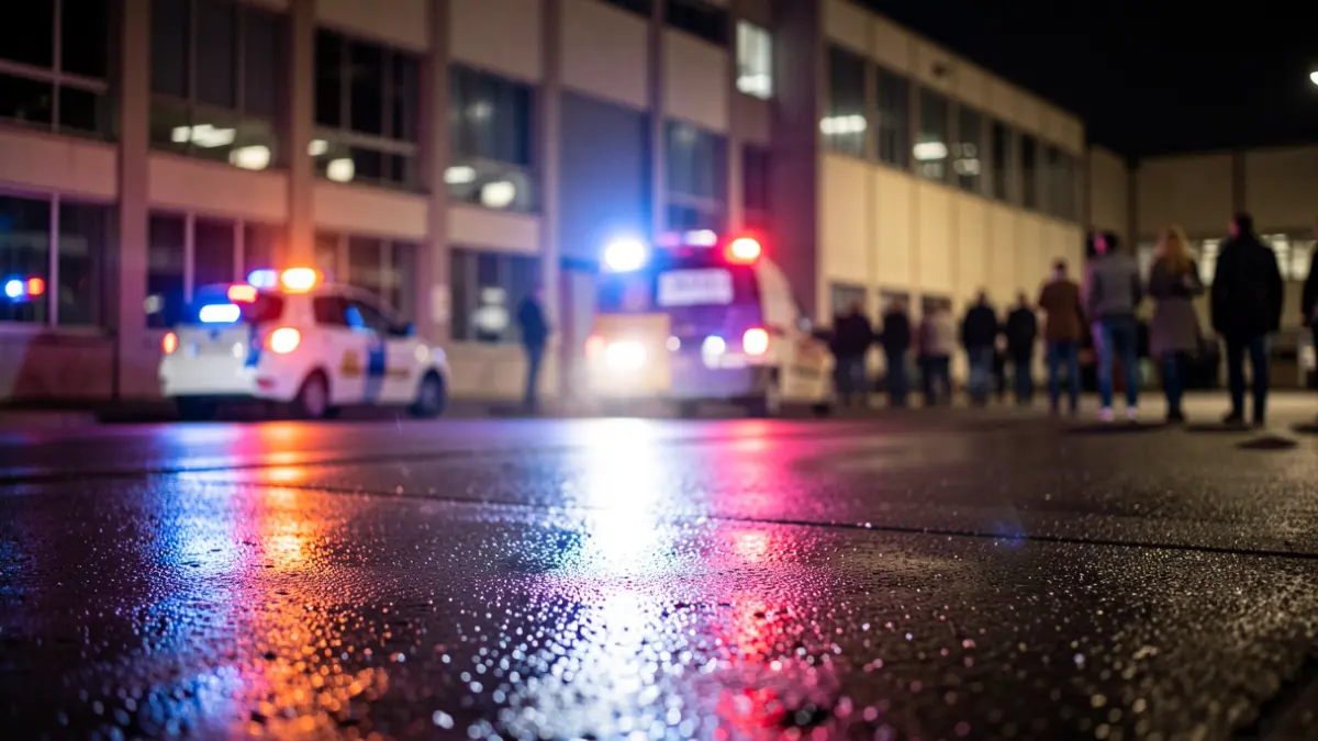 Generic image of emergency lights reflecting on asphalt during an intervention.
