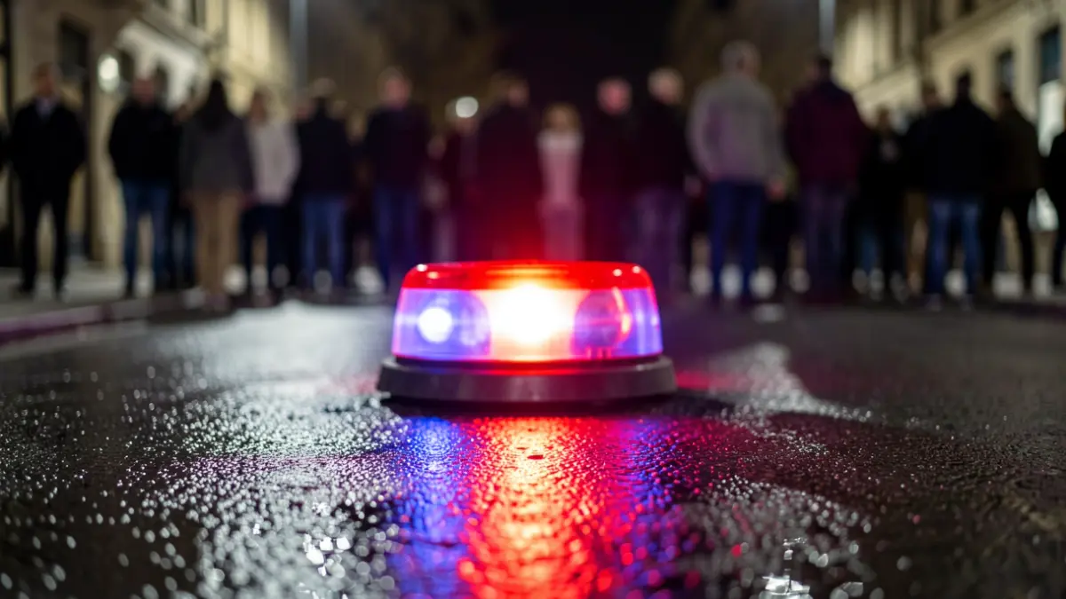 Imagen genérica de luces de emergencia reflejándose en asfalto mojado por la noche.