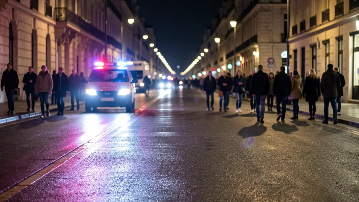 Imagen genérica de luces de emergencia reflejando en asfalto mojado por la noche.