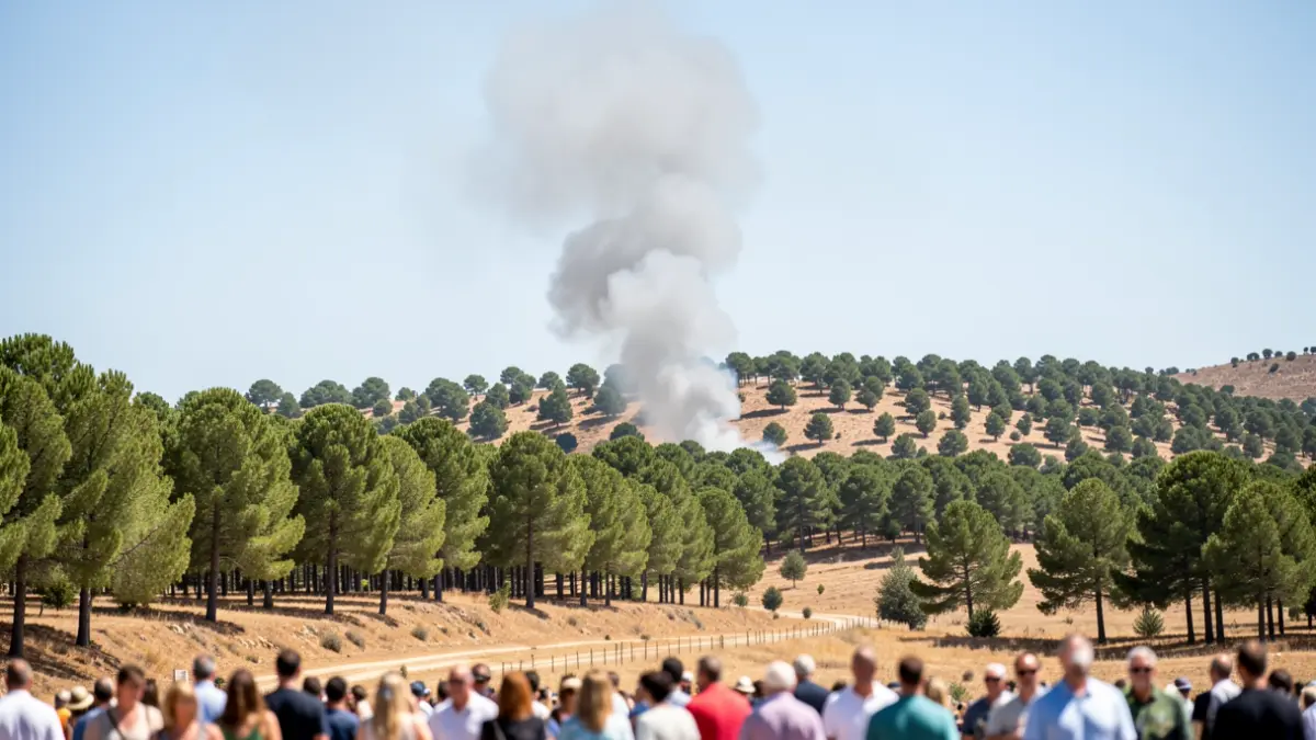 Column of smoke over a forest during a wildfire.