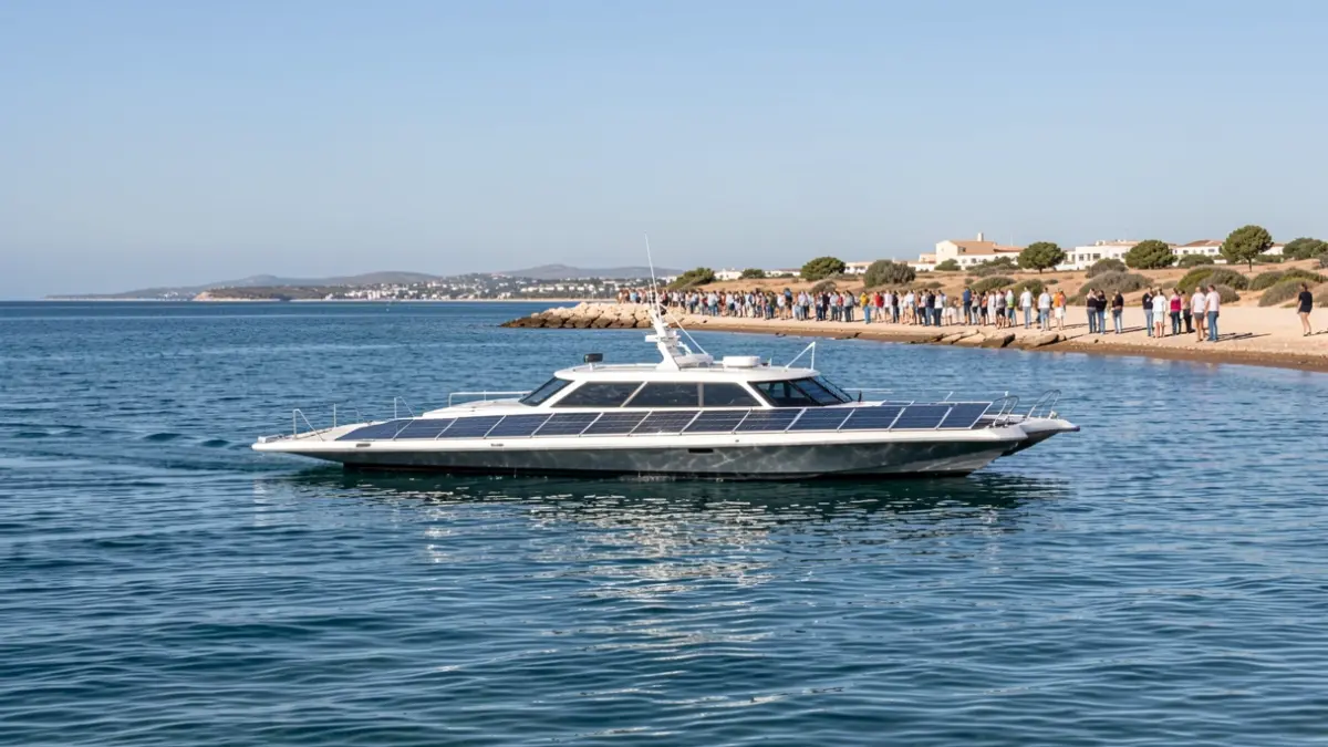 Un peculiar yate de exploración plano y movido por energía solar navega cerca de la costa de Almería.