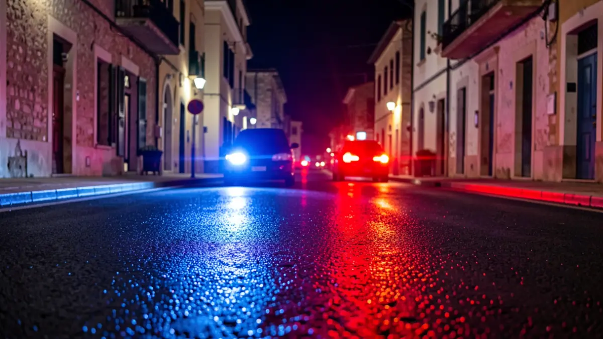 Imagen genérica de luces de emergencia policiales reflejadas en el asfalto durante la noche.