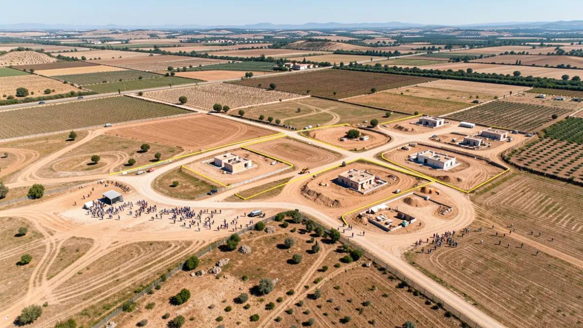 Vista aérea de suelo rústico en Andalucía con obras paralizadas y precintadas.