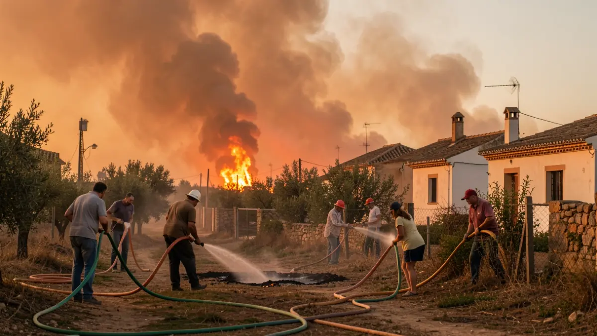 Incendio forestal cerca de viviendas en Molvízar, Granada, con vecinos intentando sofocarlo.