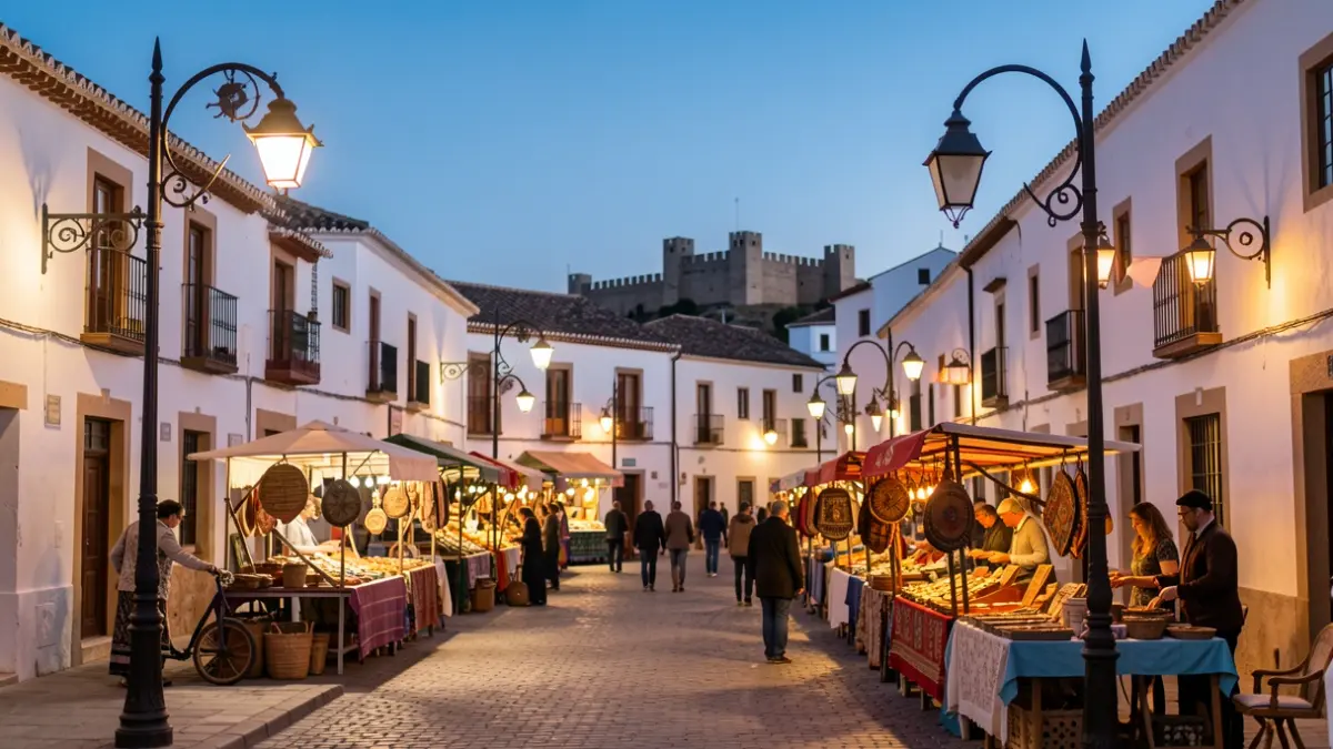 Andalusian town square at dusk with market stalls and traditional architecture.