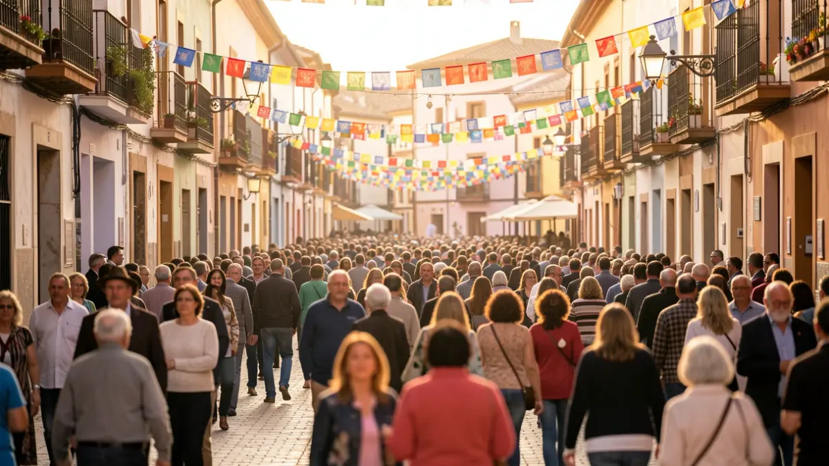 Imagen genérica de una calle festiva en Andalucía con decoraciones y público borroso.