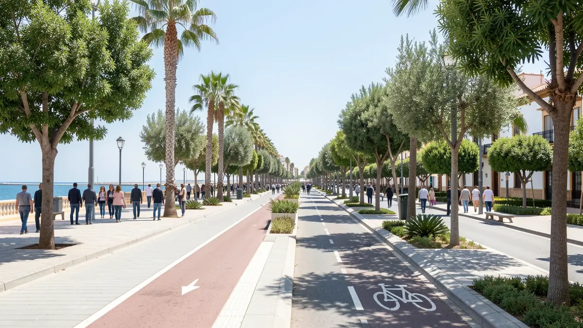 Imagen genérica de un eco bulevar moderno con zonas verdes y carril bici.