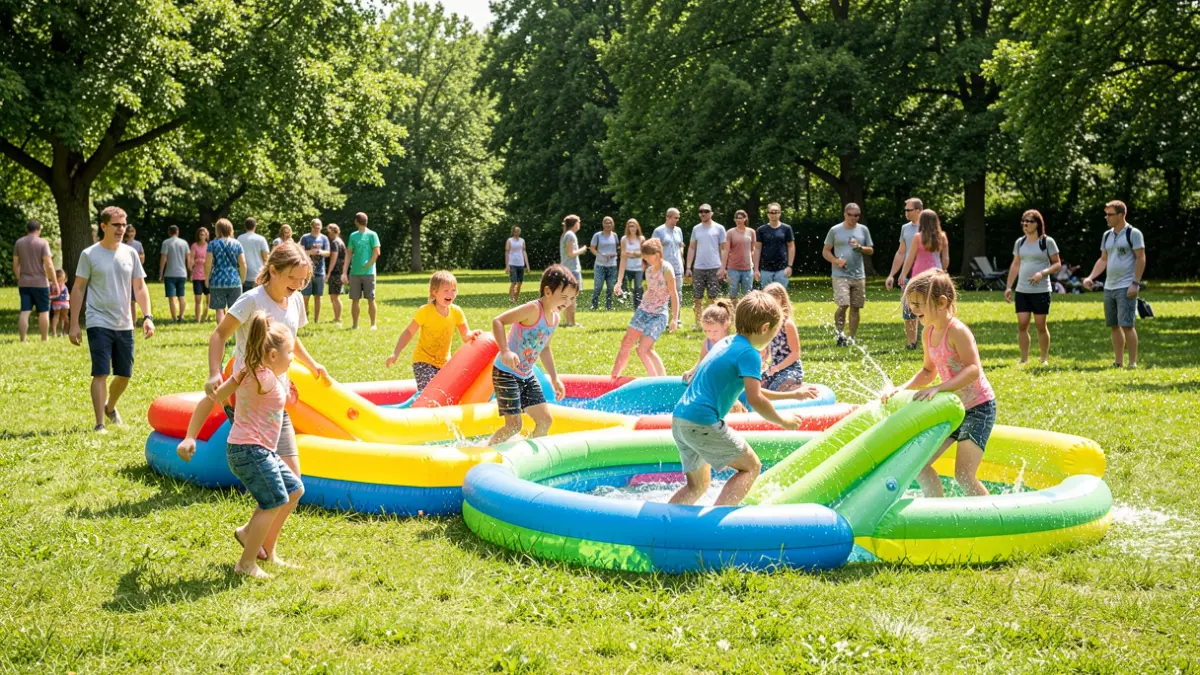 Generic image of children playing on water inflatables during a summer program.