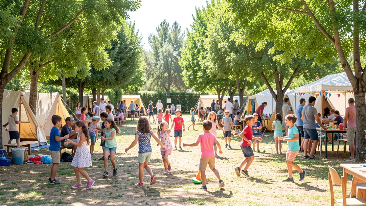 Imagen genérica de niños participando en actividades al aire libre en un campamento de verano.